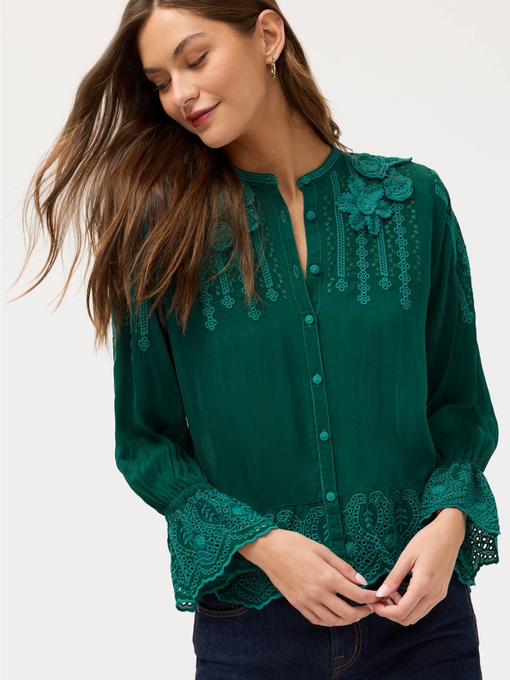 NWT Johnny Was Katya Shirt Jade Green Blouse Embroidered size S